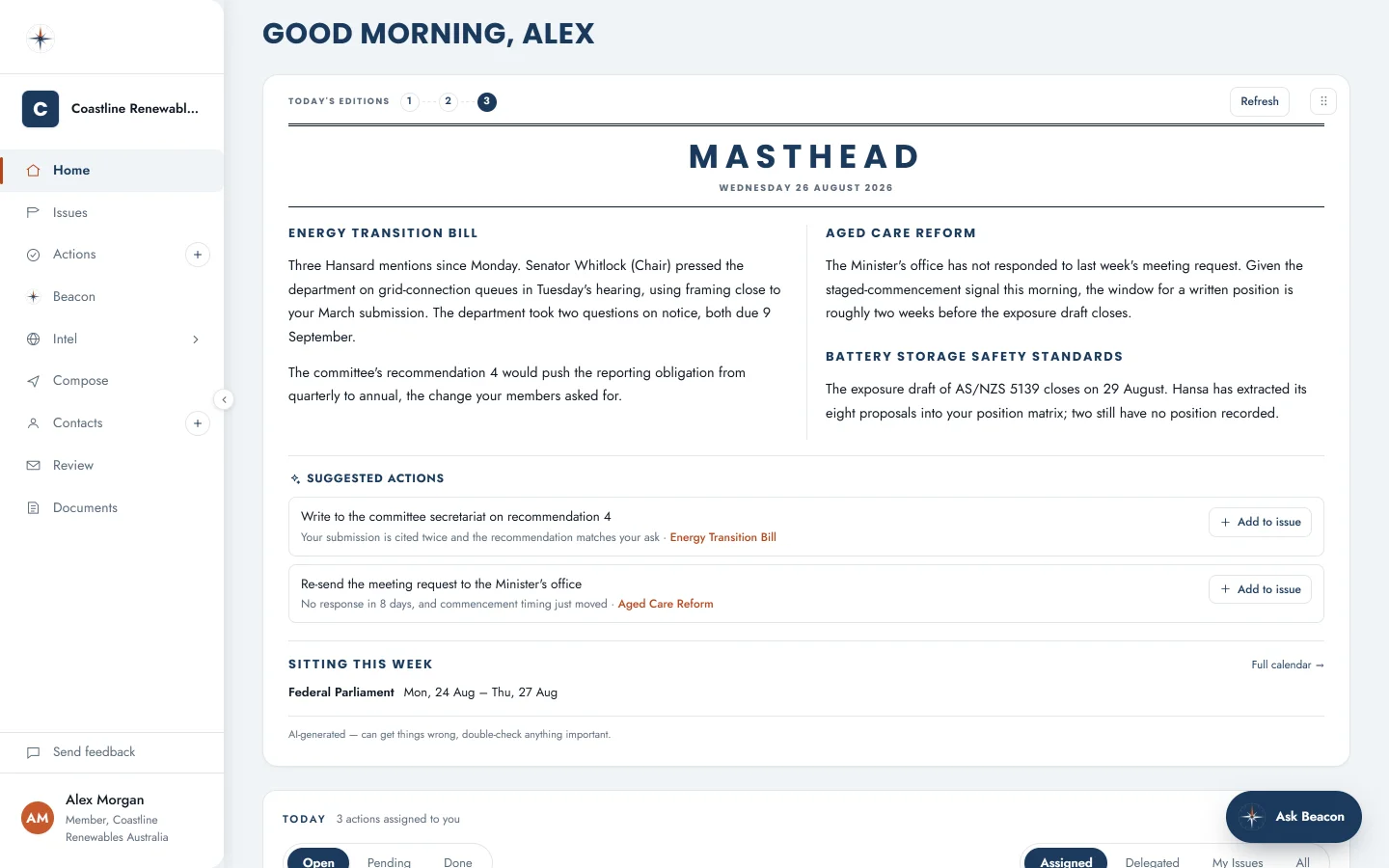 Hansa on a laptop: the Home screen with the Masthead daily brief, its three editions for the day, three issue stories, suggested actions and this week's sitting dates.