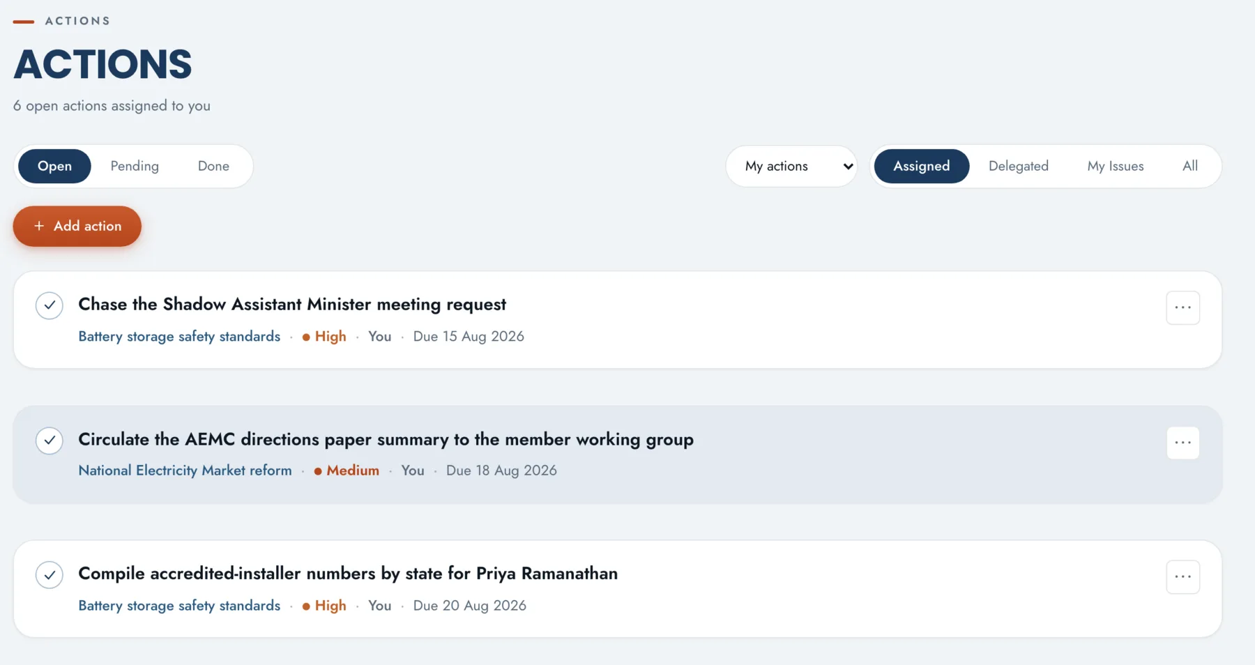 The actions list: open actions assigned to you, each tagged to an issue with a priority and due date.