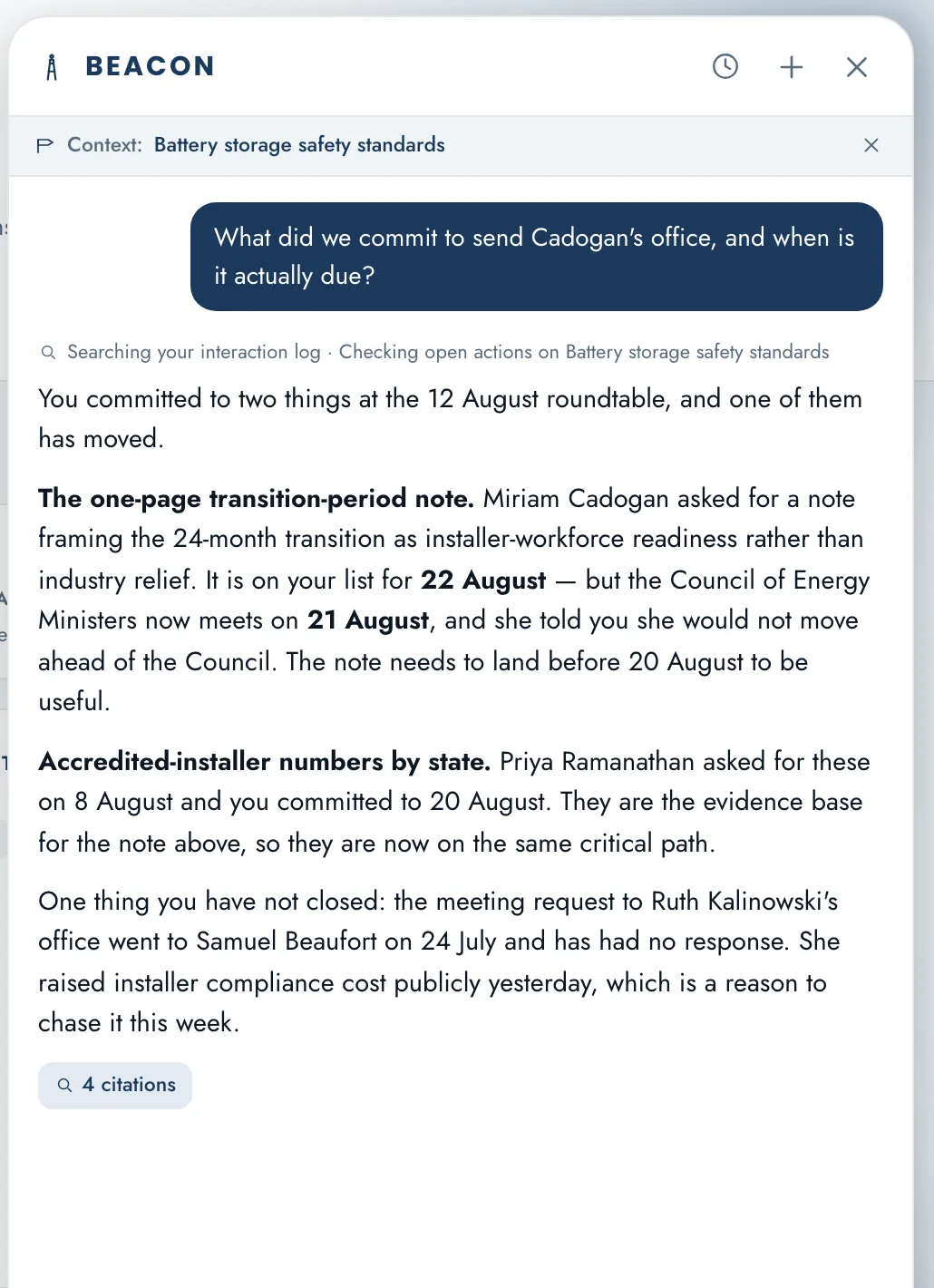 Beacon answering a question about what was committed to a minister's office and when it is due, citing four sources from the user's own record.