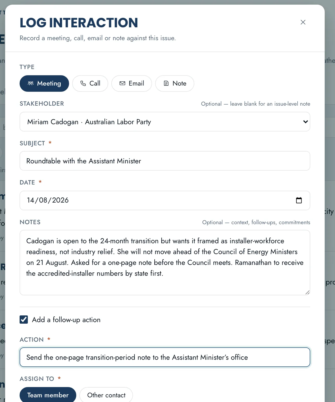 The log interaction panel: meeting, call, email or note, recorded against a stakeholder and an issue.