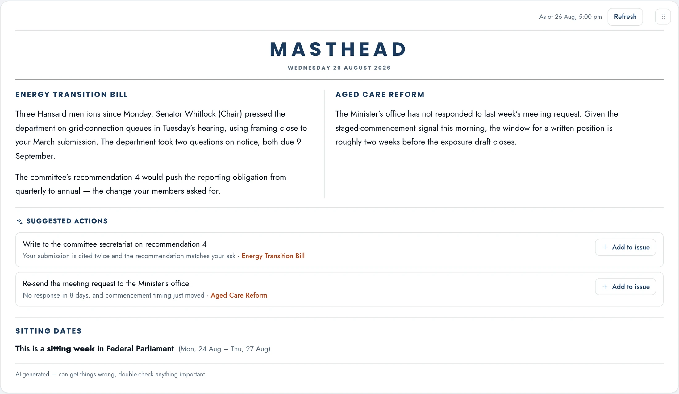 The Masthead: a daily brief covering the Energy Transition Bill and Aged Care Reform, with suggested actions you can add to an issue and this week's federal sitting dates.