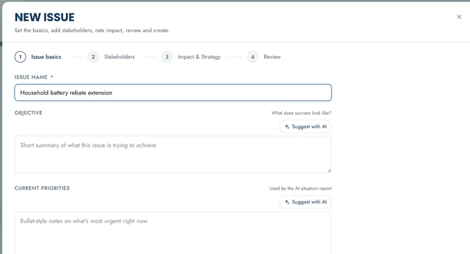 The new issue wizard: issue name, objective and current priorities, each with a Suggest with Beacon button, and the advocacy vehicle types for the issue.