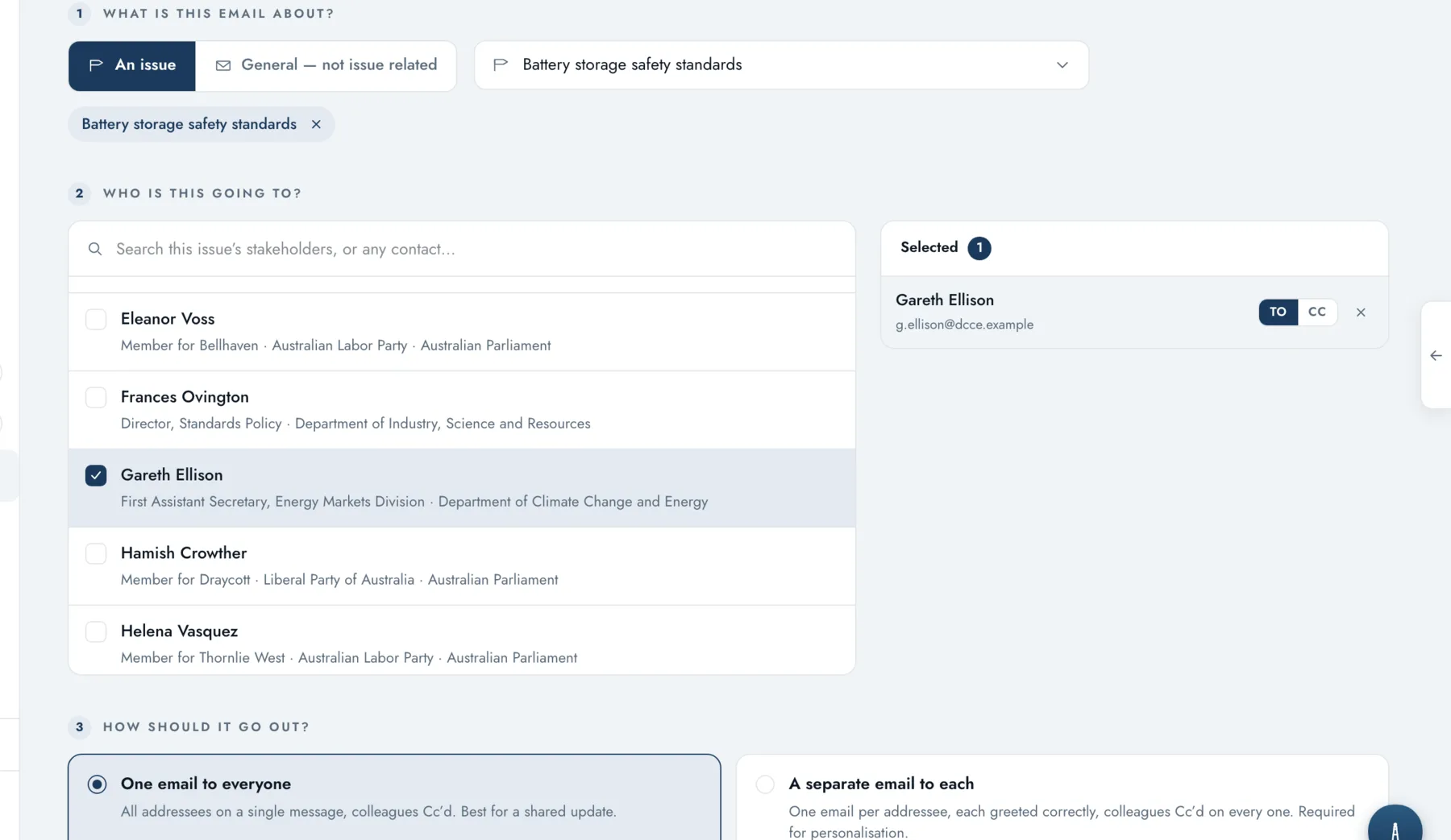 Drafted outreach in Hansa: recipients ranked and selected, with the option to send one email to everyone or a separate email to each.